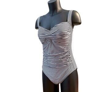 Bond-Eye Australia Swimsuit Size 10 D DD Stripe Blue White Slimming Rouched